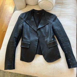 Theory Peplum Draped Black Leather Blazer Sz Small